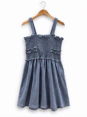 Celebrity Pink Denim-Blue Smocked Sundress with Ruffle Accents